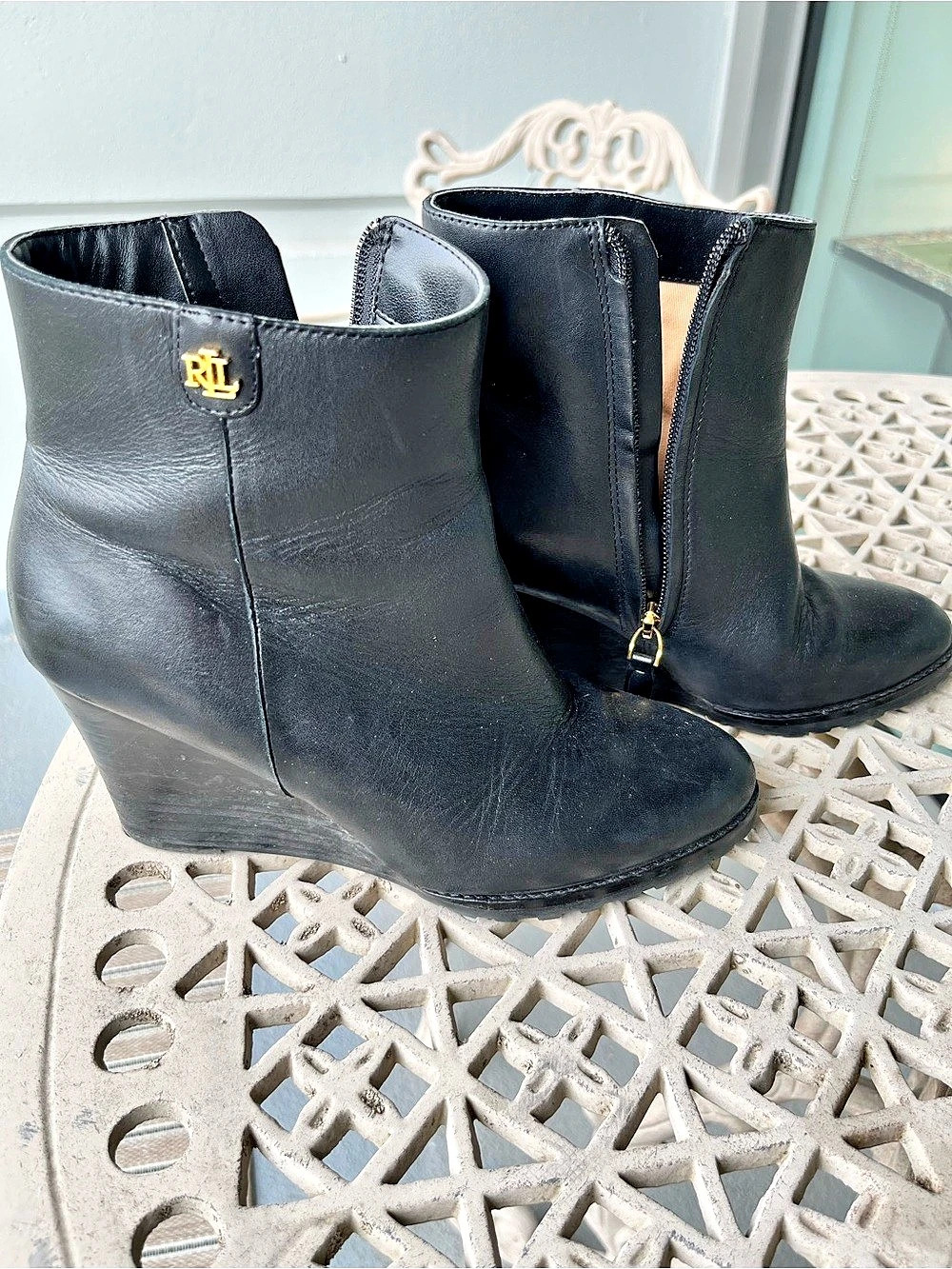 Lauren Ralph Lauren Shaley Black Leather Wedge Ankle Boots US 7